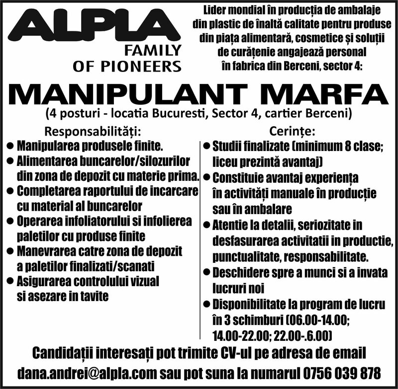 Manipulant marfuri productie cartier Berceni,